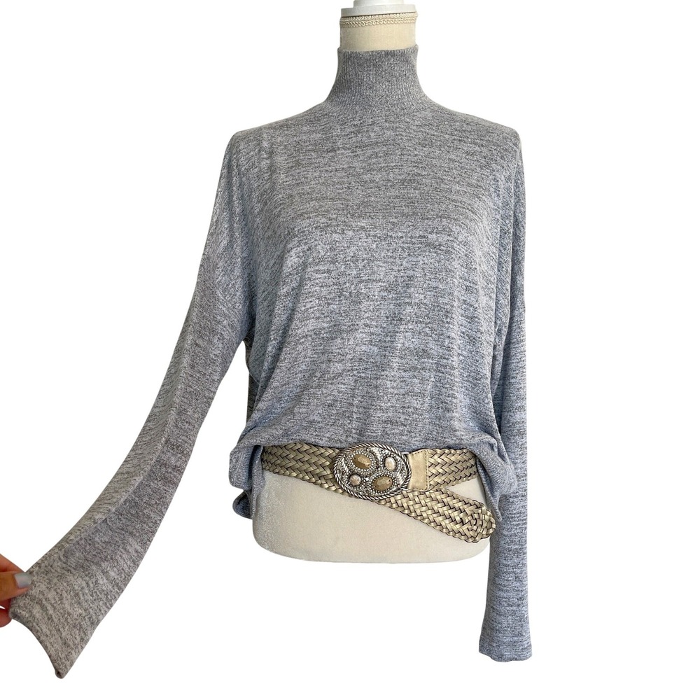 Rag & Bone Gray Mock Neck Button Back Knit Drop Shoulder Top L Minimalist Modern